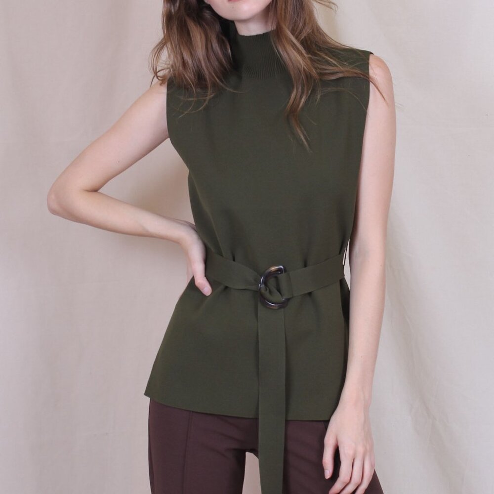 Sleeveless Mock Neck Belted Blouse - Olive